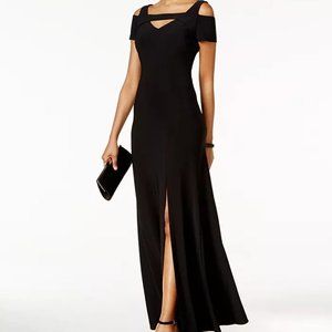 Cold-Shoulder Black Maxi Dress with Front Slit